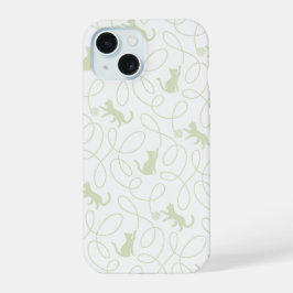 Speelse Kat en Garentbal Patroon Licht Saliegroen iPhone 15 Case