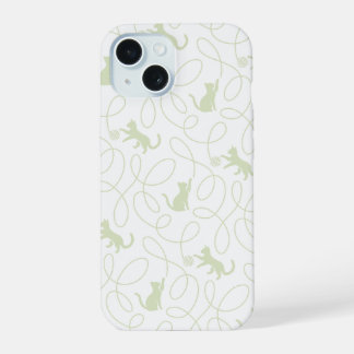 Speelse Kat en Garentbal Patroon Licht Saliegroen iPhone 15 Case