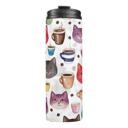 Speelse Kat en Koffie Doodle Patroon Thermosbeker (Voorkant)