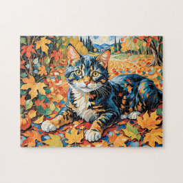 Speelse kat in herfstbladeren legpuzzel