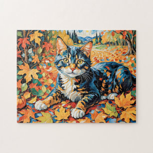 Speelse kat in herfstbladeren legpuzzel