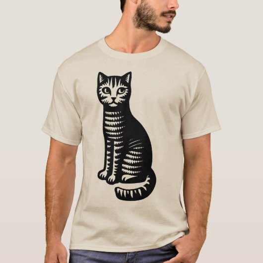 Speelse kat in houtsnijstijl t-shirt (Voorkant)