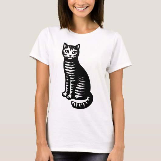 Speelse kat in houtsnijstijl t-shirt (Voorkant)