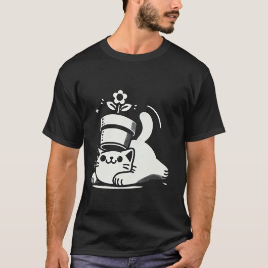Speelse kat met pot op hoofd Grappige Halloween T-shirt (Voorkant)