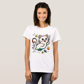 Speelse kat met sterren en ballen t-shirt (Voorkant volledig)