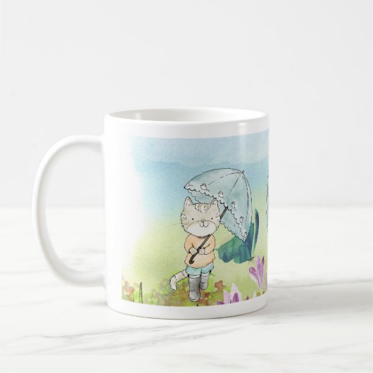 Speelse kat met vlinder en paraplu in Natuur Koffiemok (Links)