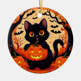 Speelse Kat & Pompoen Maneschijn Halloween Keramisch Ornament