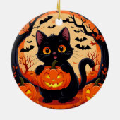 Speelse Kat & Pompoen Maneschijn Halloween Keramisch Ornament (Achterkant)