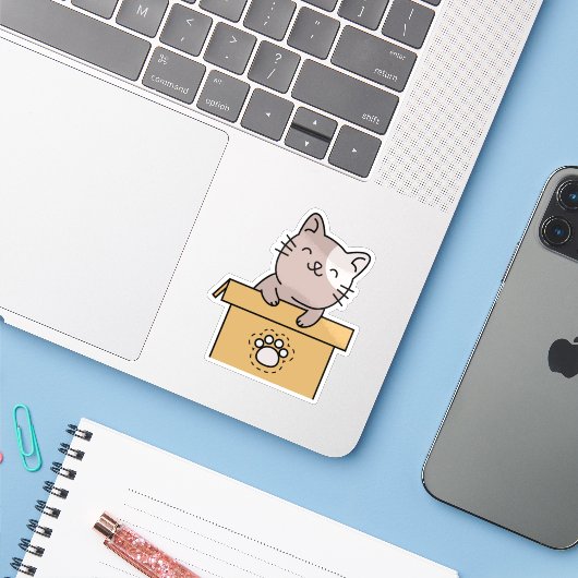 Speelse Kat Sticker (Laptop met iPhone)