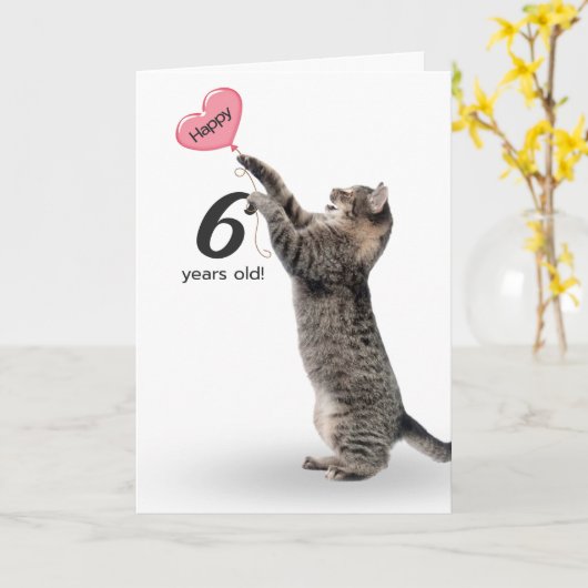 speelse kat voor 6-jarige verjaardag kaart (Gele Bloem)