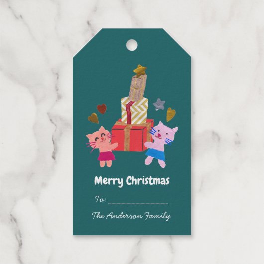 Speelse katten en geschenken ster hart groen Kerst Cadeaulabels (Achterkant)