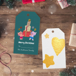 Speelse katten en geschenken ster hart groen Kerst Cadeaulabels