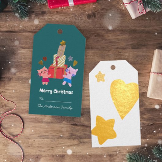 Speelse katten en geschenken ster hart groen Kerst Cadeaulabels