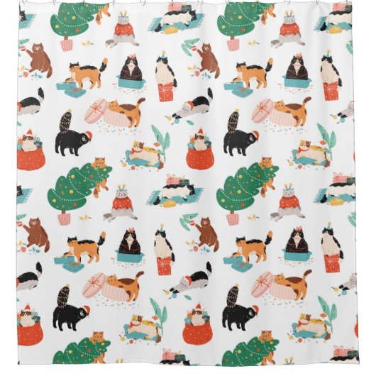Speelse katten en kerstbomen patroon douchegordijn (Voorkant)