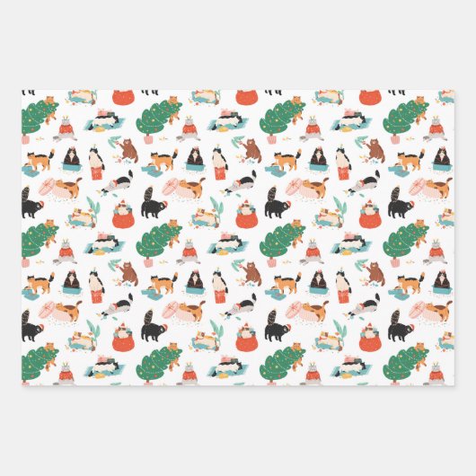 Speelse katten en kerstbomen patroon inpakpapier vel (Voorkant)