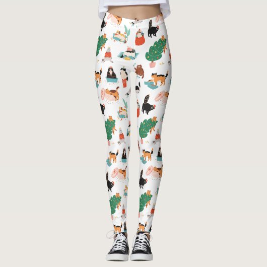 Speelse katten en kerstbomen patroon leggings (Voorkant)