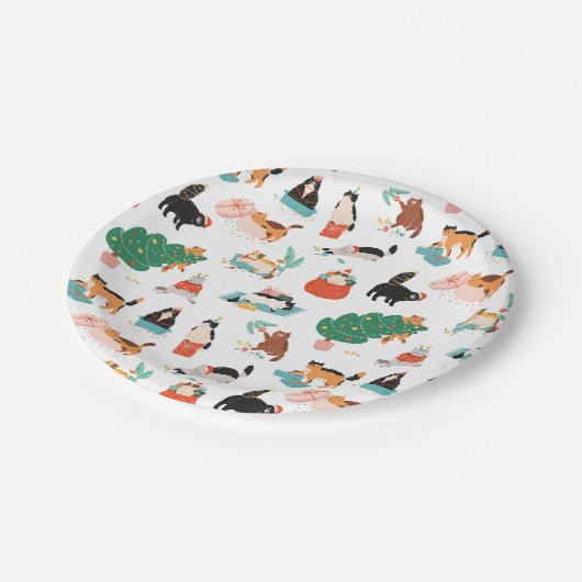 Speelse katten en kerstbomen patroon papieren bordje (Gekanteld)