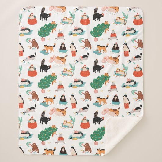 Speelse katten en kerstbomen patroon sherpa deken (Voorkant)