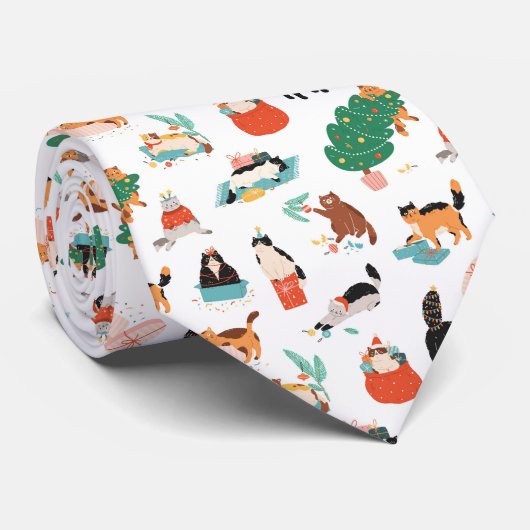 Speelse katten en kerstbomen patroon stropdas (Opgerold)
