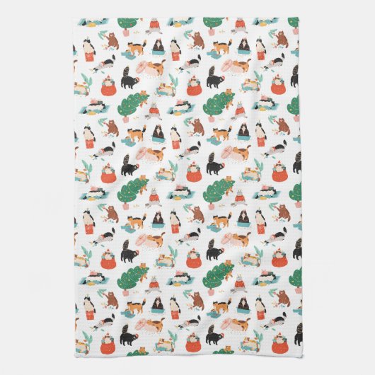 Speelse katten en kerstbomen patroon theedoek (Verticaal)
