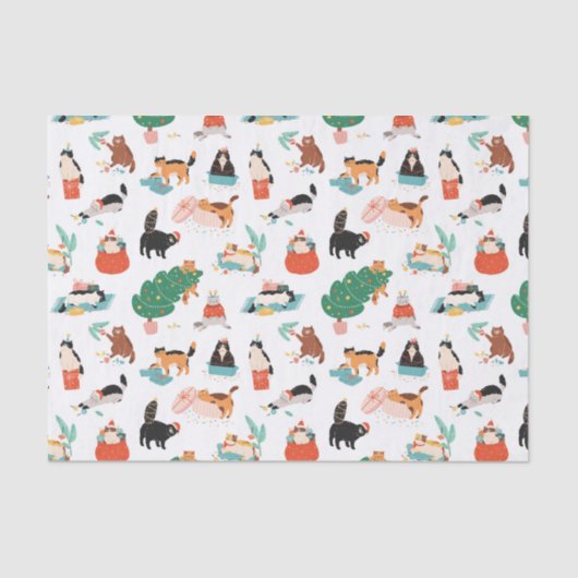 Speelse katten en kerstbomen patroon tissuepapier (Voorkant)
