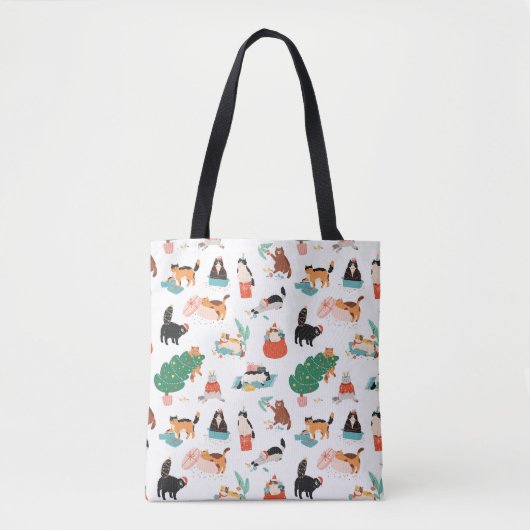Speelse katten en kerstbomen patroon tote bag (Voorkant)