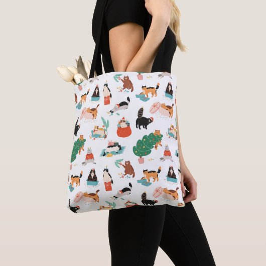 Speelse katten en kerstbomen patroon tote bag (Dichtbij)
