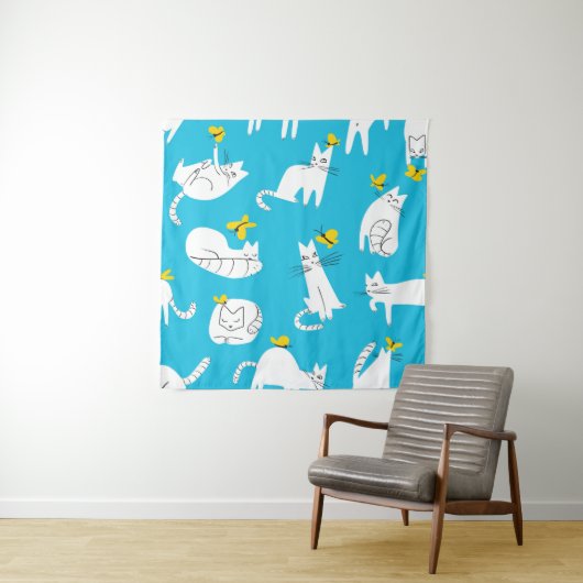 Speelse Katten en Vlinders Patroon Wandkleed (In situ)