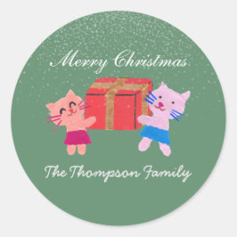 speelse katten met geschenkdoos mos groene kerst ronde sticker