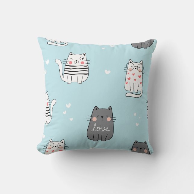 Speelse Katten op Blauw Patroon Kussen (Voorkant)