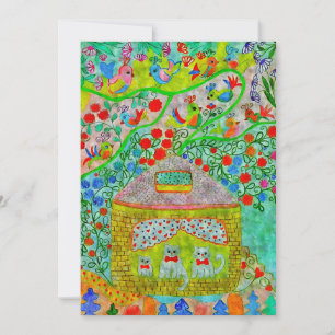 Speelse kattenfamilie in knus huis plat kaart