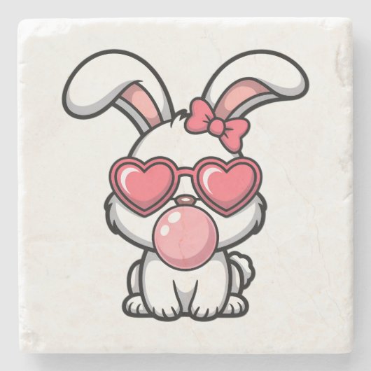 speelse Kawaii Konijn met Bubblegum Bel Stenen Onderzetter (Voorkant)