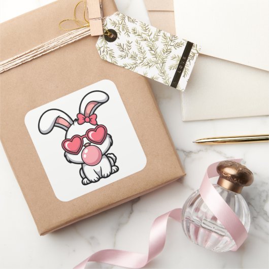 speelse Kawaii Konijn met Bubblegum Bel Vierkante Sticker (Geschenken)
