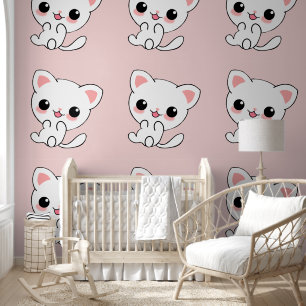 Speelse Kawaii White Kitten op Roze Behang