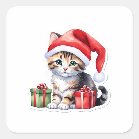 Speelse Kerst Kat Sticker – Kat met Cadeaus (Voorkant)