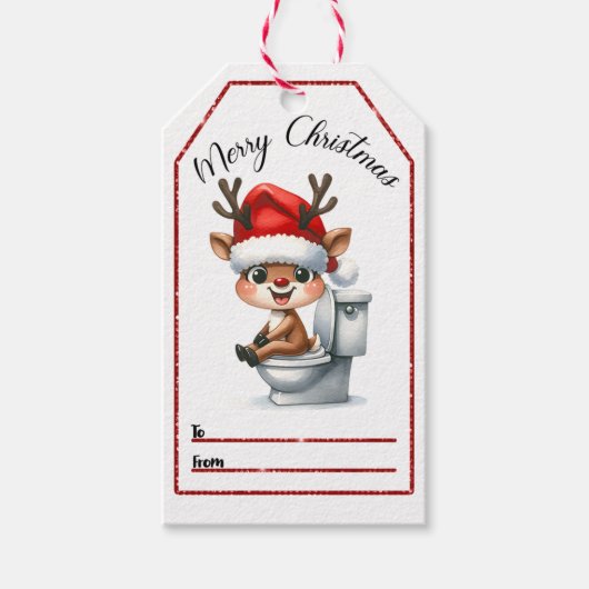 Speelse kerst labels met een vrolijk rendier cadeaulabel (Voorkant)