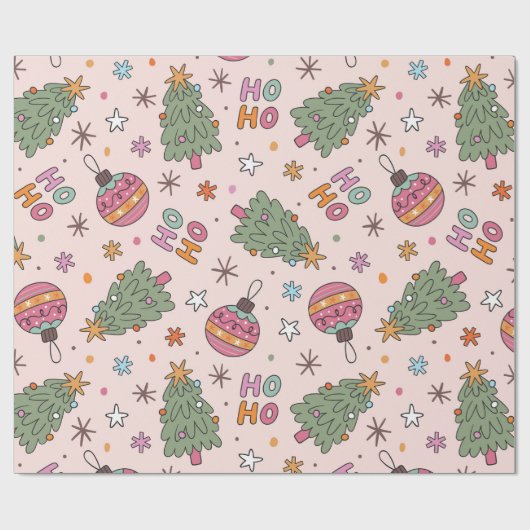 Speelse kerstbomen en ornamenten cadeaupapier (Vlak)