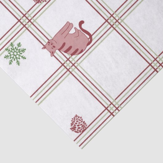 Speelse Kerstkatten op Cranberry-Groene Ruit Tissuepapier (Detail)
