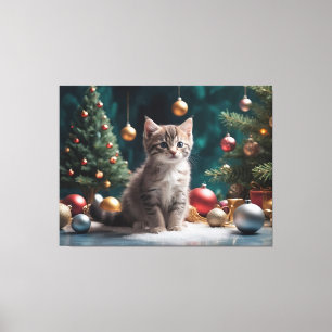 Speelse Kerstkitten bij de boom met Ornament Canvas Afdruk