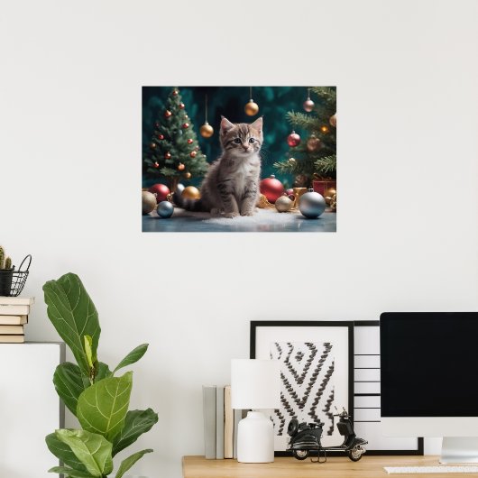 Speelse Kerstkitten bij de boom met Ornament Poster (Thuiskantoor)