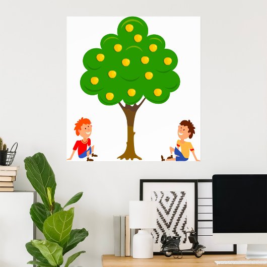 Speelse kinderen zittend onder een appelboom poster