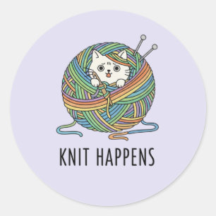 Speelse Kitten Breinaalden Ambachtelijke Kunstenaa Ronde Sticker