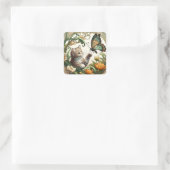 Speelse Kitten en Butterfly Art Nouveau Vierkante Sticker (Tas)