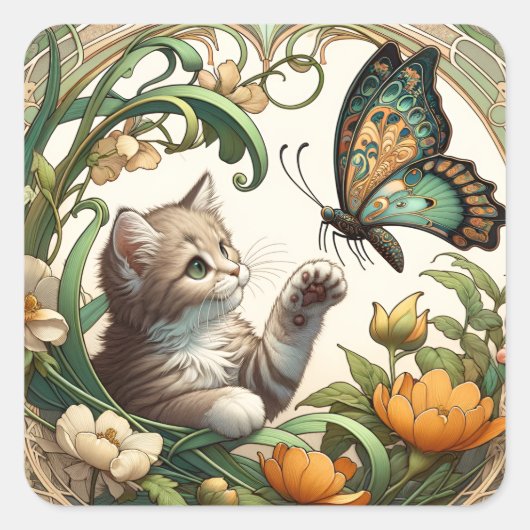 Speelse Kitten en Butterfly Art Nouveau Vierkante Sticker (Voorkant)