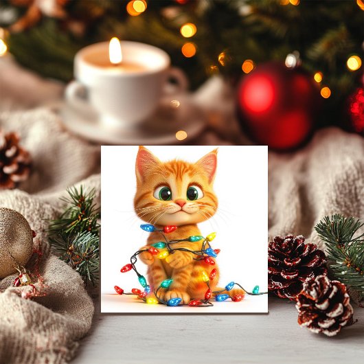 Speelse kitten in kerstlichtjes feestdagenkaart