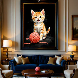 Speelse Kitten Kat met Garentang Waterverfprint