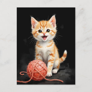 Speelse Kitten Kat met Garentang Waterverfprint Feestdagenkaart