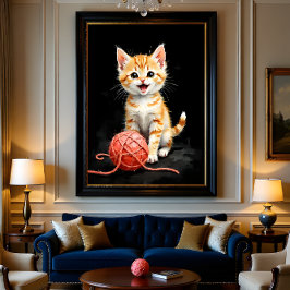 Speelse Kitten Kat met Garentang Waterverfprint Foto Afdruk