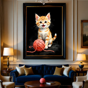 Speelse Kitten Kat met Garentang Waterverfprint Foto Afdruk