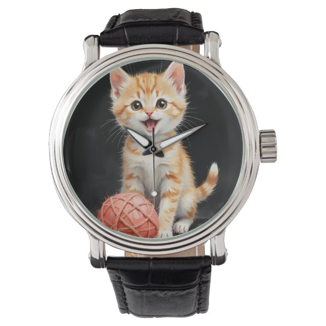 Speelse Kitten Kat met Garentang Waterverfprint Horloge (Voorkant)